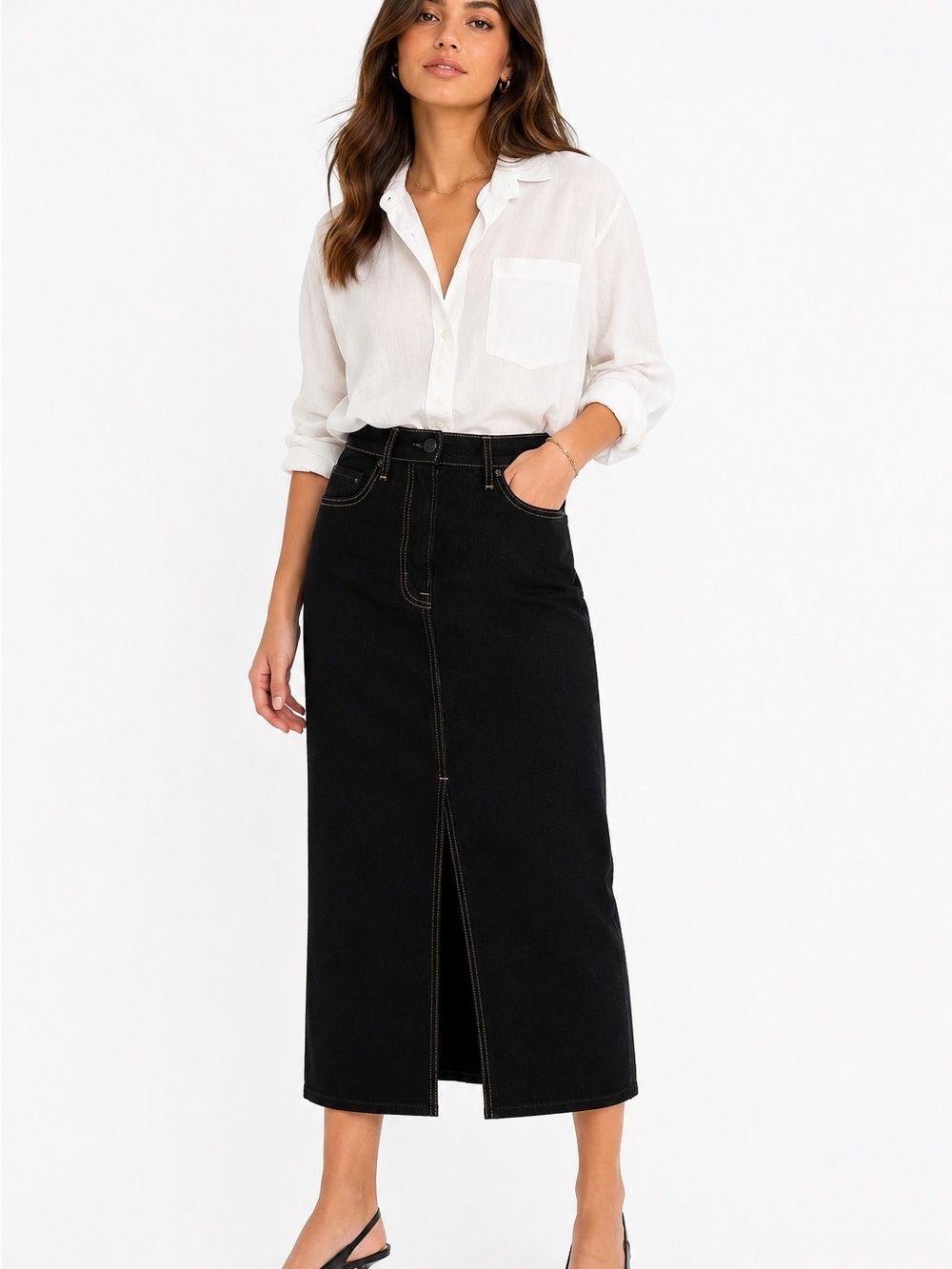 pistola Black Midi Denim Skirt with Front Slit